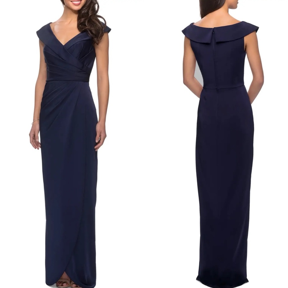 La Femme Surplice Off the Shoulder Column Gown in Navy NWOT - Picture 1 of 5